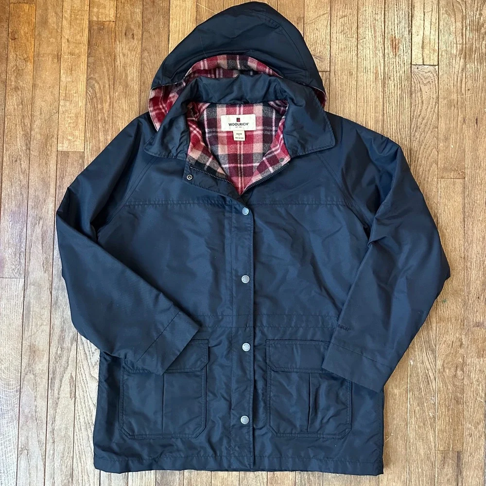 WOOLRICH‎ Women Plaid Lined Wool Navy  L Hooded Ruby Field Chore Jacket Coat EUC